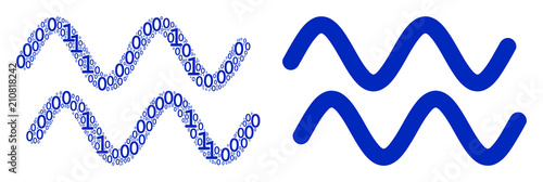 Sinusoid waves mosaic icon of binary digits in different sizes. Vector digital symbols are arranged into sinusoid waves composition design concept.