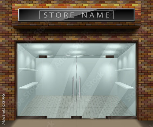 Template for advertising 3d store front facade with red brick. Exterior empty shop or boutique with transparent window. Blank mockup of stylish glass street shop. Vector illustration