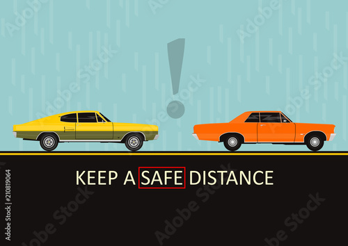 Keep a safe distance. Dangers on the road. Infographic with two cars. Flat vector.
