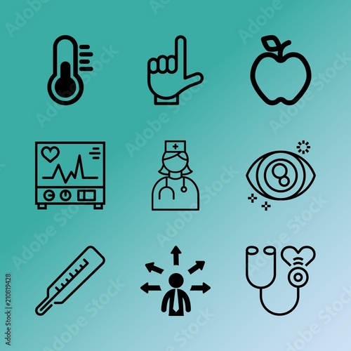 Vector icon set about medicine with 9 icons related to caucasian, concept, diet, visit, routine, person, chair, portrait, confident and expertise