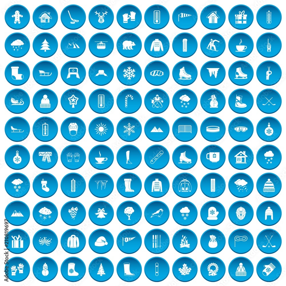 100 winter icons set in blue circle isolated on white vector illustration 100 winter icons set in blue circle isolated on white vector illustration