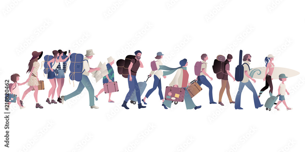 Group of tourists walking carrying suitcases, backpacks and surfboards. Group of tourists walking carrying suitcases, backpacks and surfboards.
