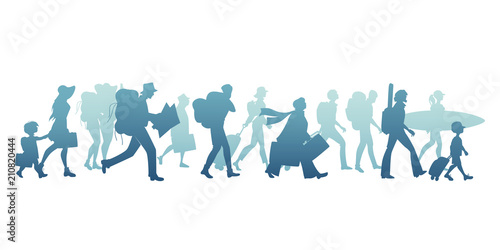 Silhouettes of tourists walking carrying suitcases, backpacks and surfboards.