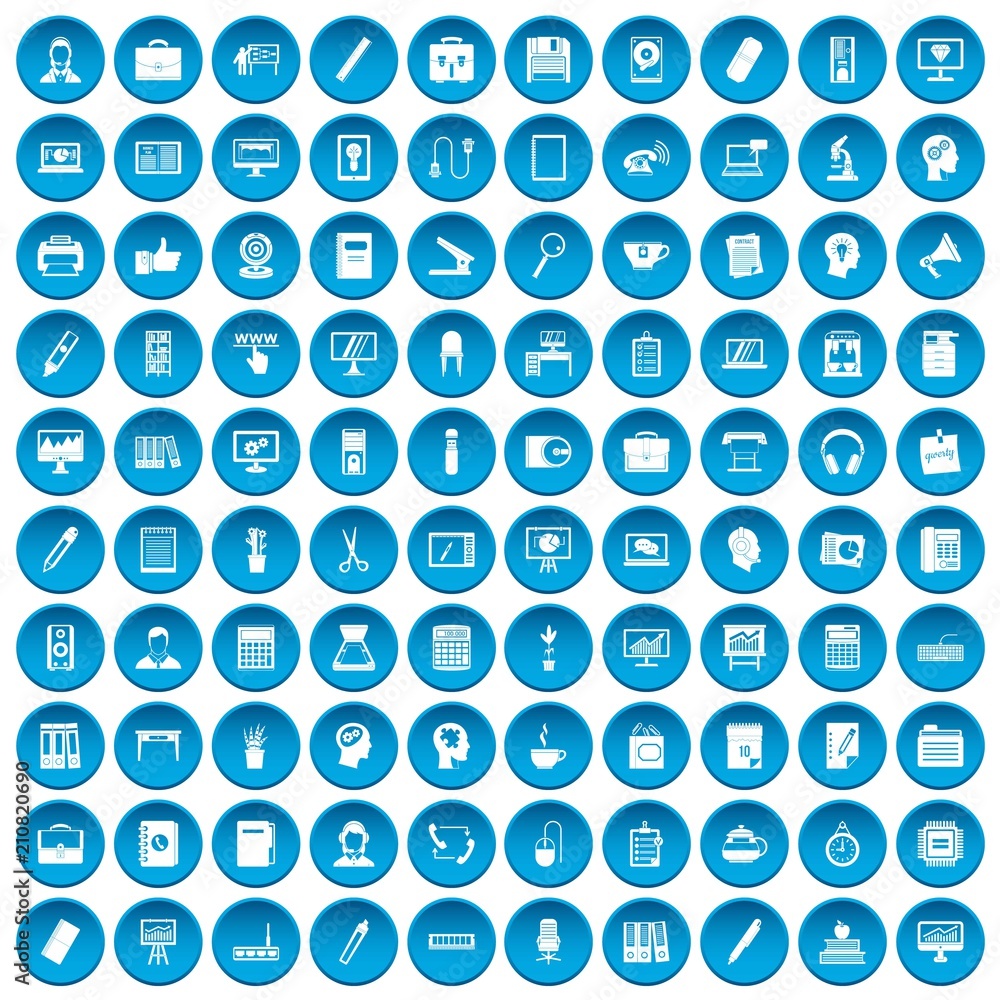 100 work space icons set in blue circle isolated on white vector illustration 100 work space icons set in blue circle isolated on white vector illustration