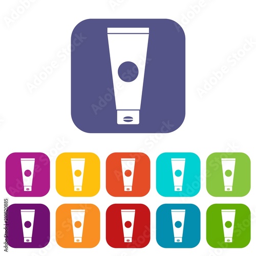Cream tube icons set vector illustration in flat style in colors red, blue, green, and other