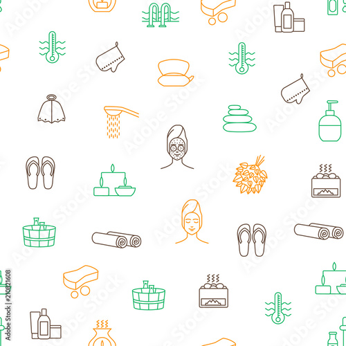 Sauna Thin Line Seamless Pattern Background. Vector
