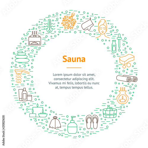 Sauna Thin Line Banner Card Circle . Vector