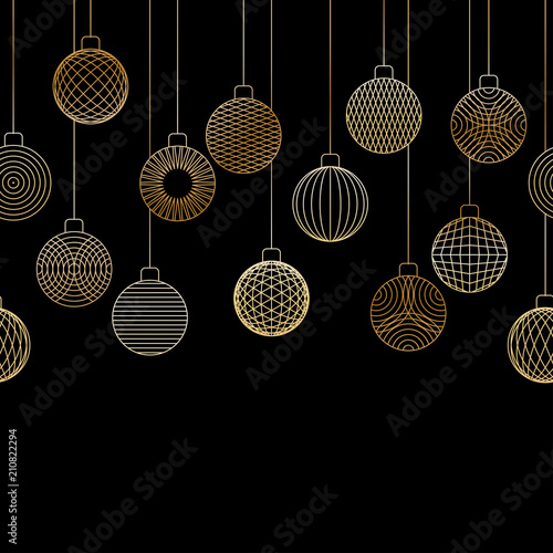 Decorative seamless border made of golden Christmas ball toys hanging on black background