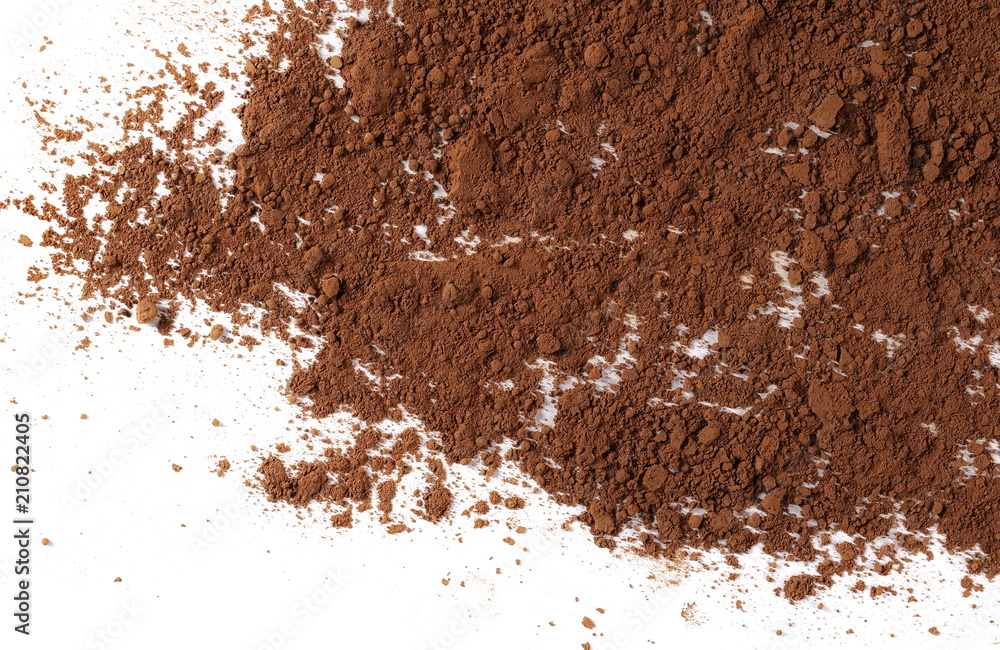 Cocoa powder pile isolated on white background, top view Cocoa powder pile isolated on white background, top view