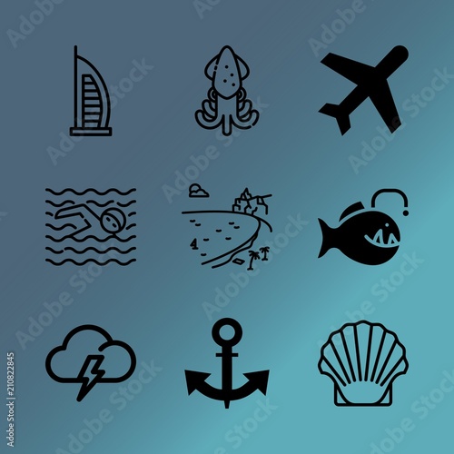 Vector icon set about sea with 9 icons related to young  technology  kitchen  vector  day  snail  steel  swim  skyscraper and cyclone