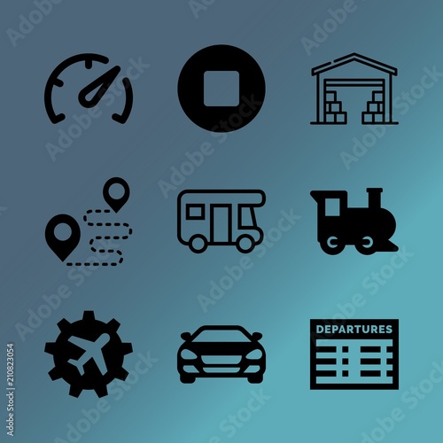 Vector icon set about transport with 9 icons related to people , home, technology, traveler, railway, human, indoor, not, historic and warehouse