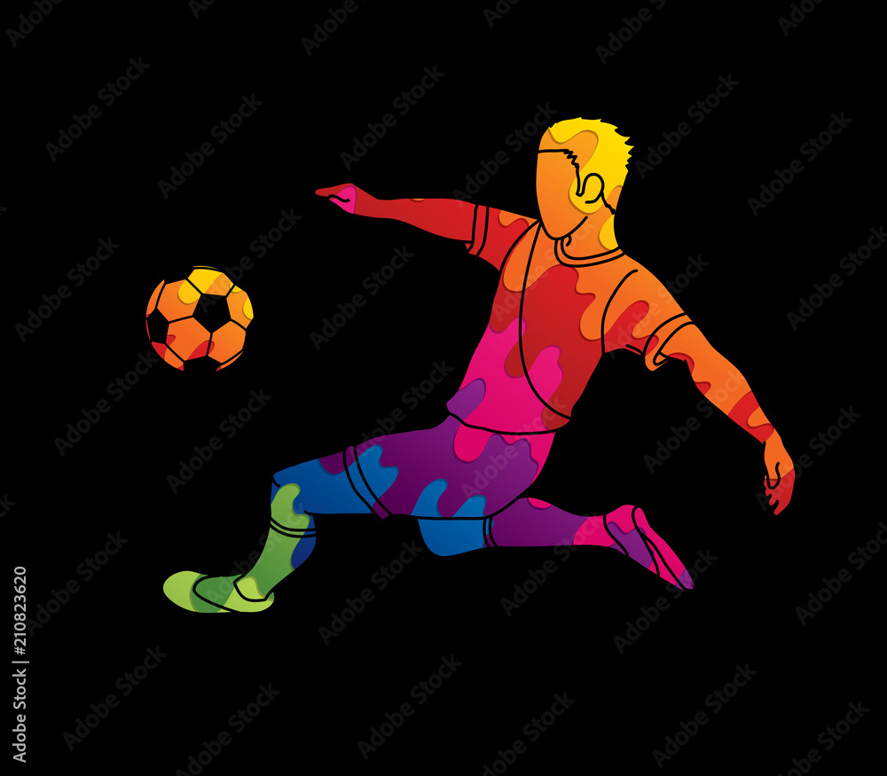 Soccer player kicking a ball action designed using colorful graphic vector.