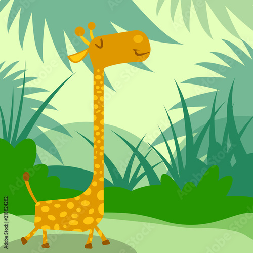 happy giraffe walking in green jungle illustration