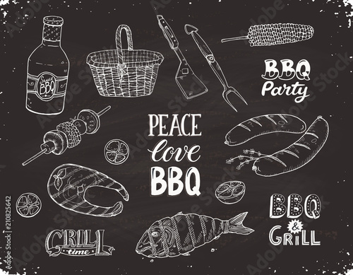 Hand drawn barbecue objects on black background. BBQ party sketches. Grill time. Peace, love, BBQ. Roasted salmon, sausages and corn with sause and picnic basket.