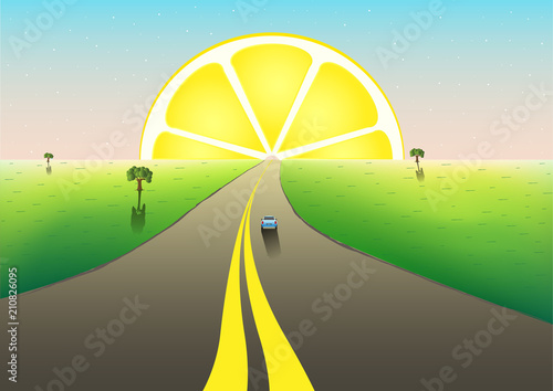 fantastic landscape road to the horizon, citrus sunrize in the starry sky, horizontal vector illustration