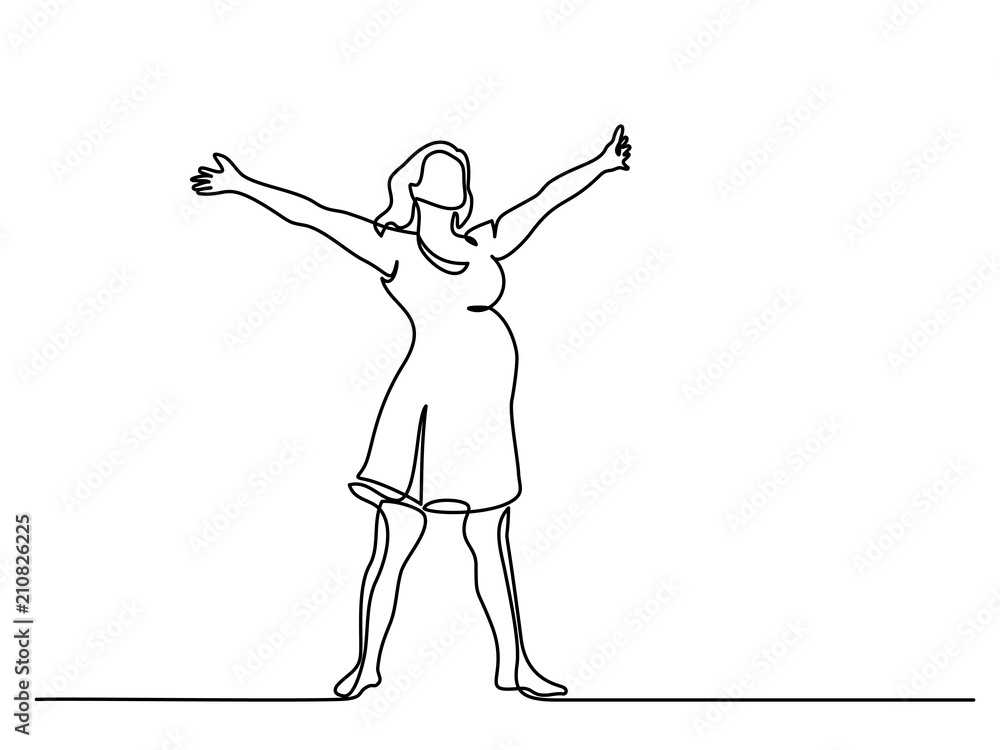 Continuous line drawing. Happy pregnant woman, silhouette picture