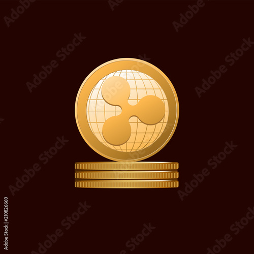 Coins Ripple. Gold symbol of a physical coin. Dark background. Cryptography, illustration of financial technologies. Use for logo, print products.