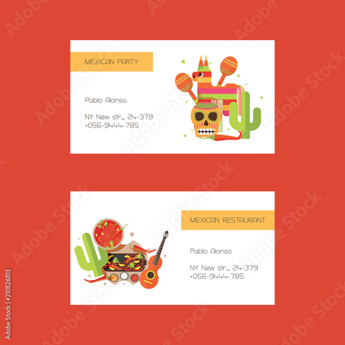 Vector business cards with mexican food ond clothes, pinata on white background.