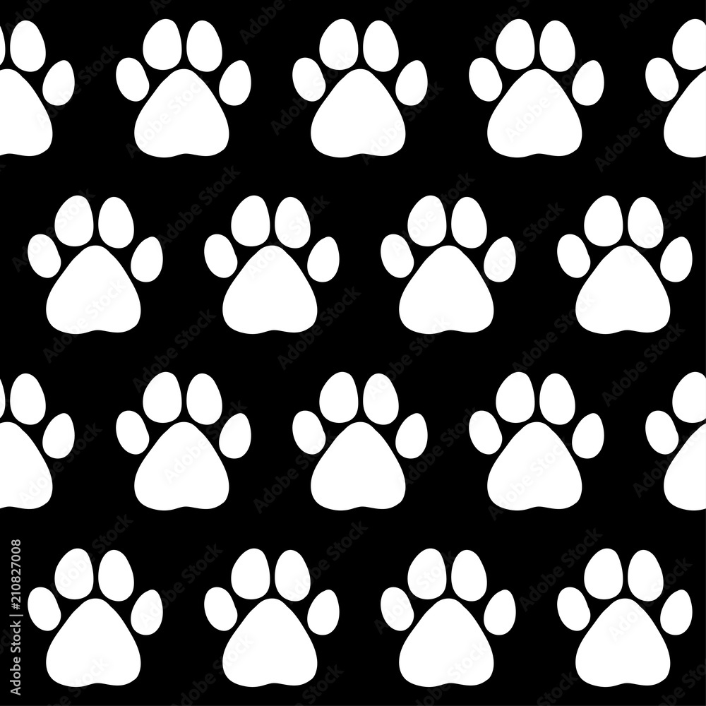 Fototapeta premium Doodle dog paw seamless pattern background. Abstract dog paw track swatch for card, invitation, veterinarian clinic poster, textile, bag print, modern workshop advertising etc.