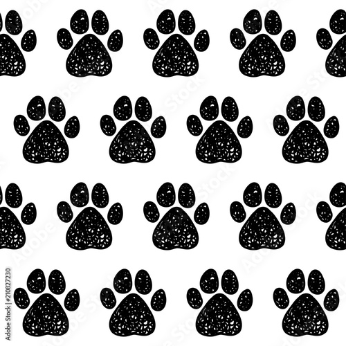 Doodle dog paw seamless pattern background. Abstract dog paw track swatch  for card, invitation, veterinarian clinic poster, textile, bag print, modern workshop advertising etc.