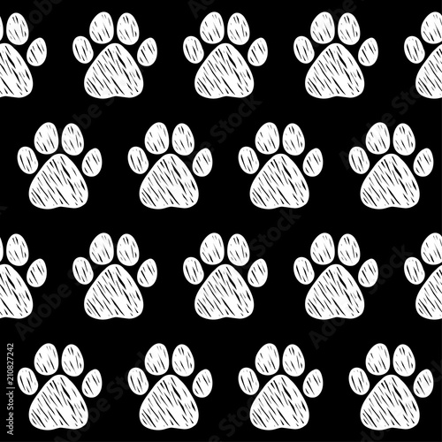 Doodle dog paw seamless pattern background. Abstract dog paw track swatch  for card, invitation, veterinarian clinic poster, textile, bag print, modern workshop advertising etc.