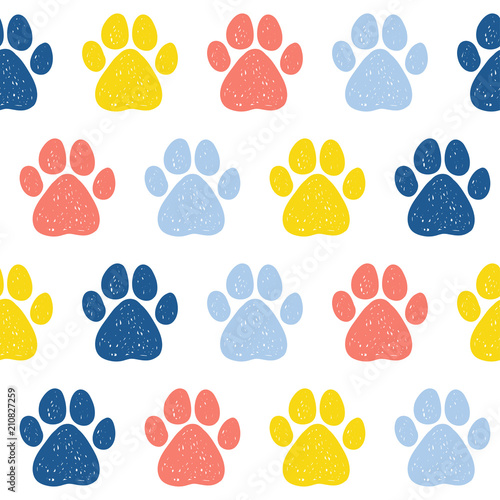 Doodle dog paw seamless pattern background. Abstract dog paw track swatch  for card, invitation, veterinarian clinic poster, textile, bag print, modern workshop advertising etc.