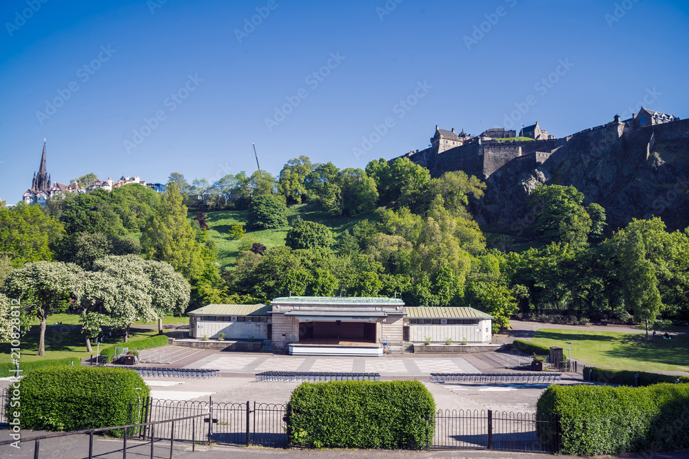 A view of the Ross Bandstand in Princess Street gardens, Edinburgh, Scotland, UK.  It is well known for its use for the annual Festival Fireworks display and Hogmanay concert.