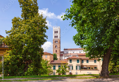 Lucca cityscape from old town walls Tuscany Italy
