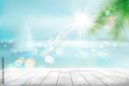 Widok tropikalna plaża z żaglówką. Ilustracja wektorowa.