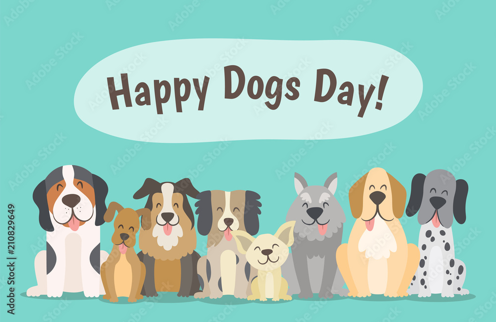 Happy dogs day concept. Pack of happy dogs sitting in front view