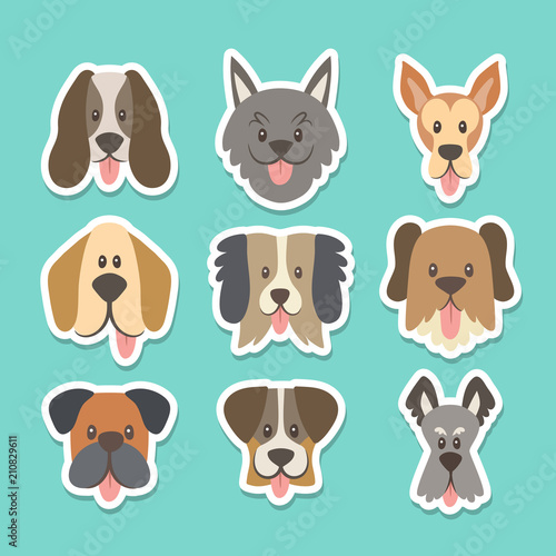 Cute sticker collection with different dog breeds in cartoon style. Vector illustration.