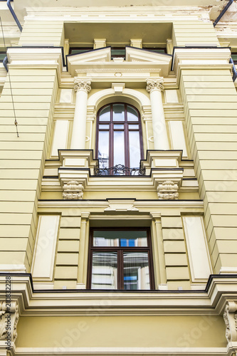 MOSCOW, RUSSIA, on June 25, 2018. An architectural fragment of a facade of a typical house around historical building in Bolshoy Cherkassky Lane photo