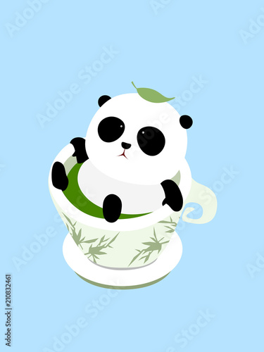 Vector Illustration: A cute cartoon giant panda lying in a cup of Chinese green tea on a mat, enjoying taking a bath in thermal spring / hot spring, a leaf of tea fall down on panda`s head.