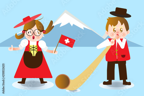 A cute Boy and Girl Switzerland national dress.Cartoon Character for animation , separate layer ,joint and or Main organs. 