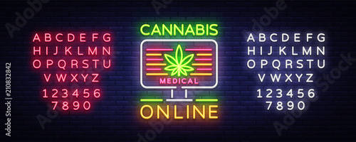 Marijuana Medical Logo Neon Vector. Cannabis Online, Marijuana smoking, storing and growing cannabino medical equipment, light banner, design template. Vector illustration. Editing text neon sign