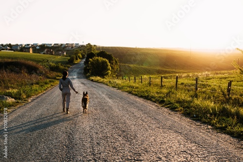 Fototapeta Naklejka Na Ścianę i Meble -  A pretty girl leads a dog next to her on the road