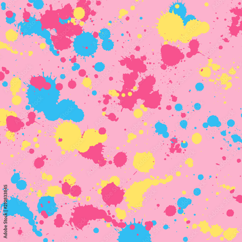 Vector Illustration. Watercolor splash pattern in bright blue yellow pink color. Bold abstract print for spring summer fashion and textile design. Brushstrokes and splatt