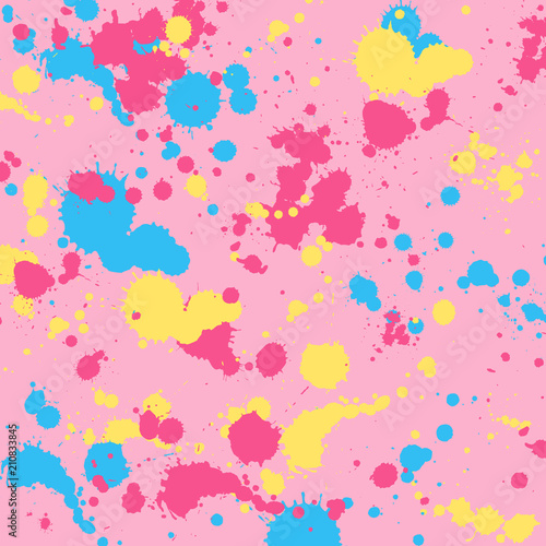 Vector Illustration. Watercolor splash pattern in bright blue yellow pink color. Bold abstract print for spring summer fashion and textile design. Brushstrokes and splatt