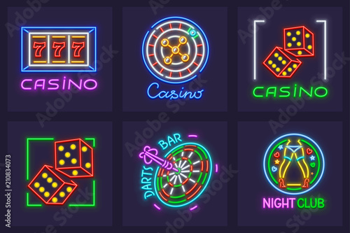 Set of neon icons for excitable play games in casino