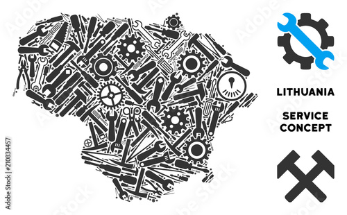 Repair service Lithuania map composition of tools. Abstract geographic scheme in grey color. Vector Lithuania map is created with gear wheels, hammers and other service objects. photo