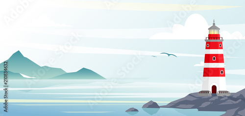 Lighthouse with ocean or sea beach view on background in flat style.