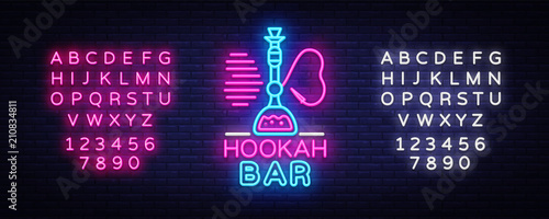 Hookah Bar neon sign vector. Night Hookah Design Template, Light Banner, Night Bright Advertising, Bright Signboard, Design Element Hookah Emblem, Nightlife. Vector. Editing text neon sign