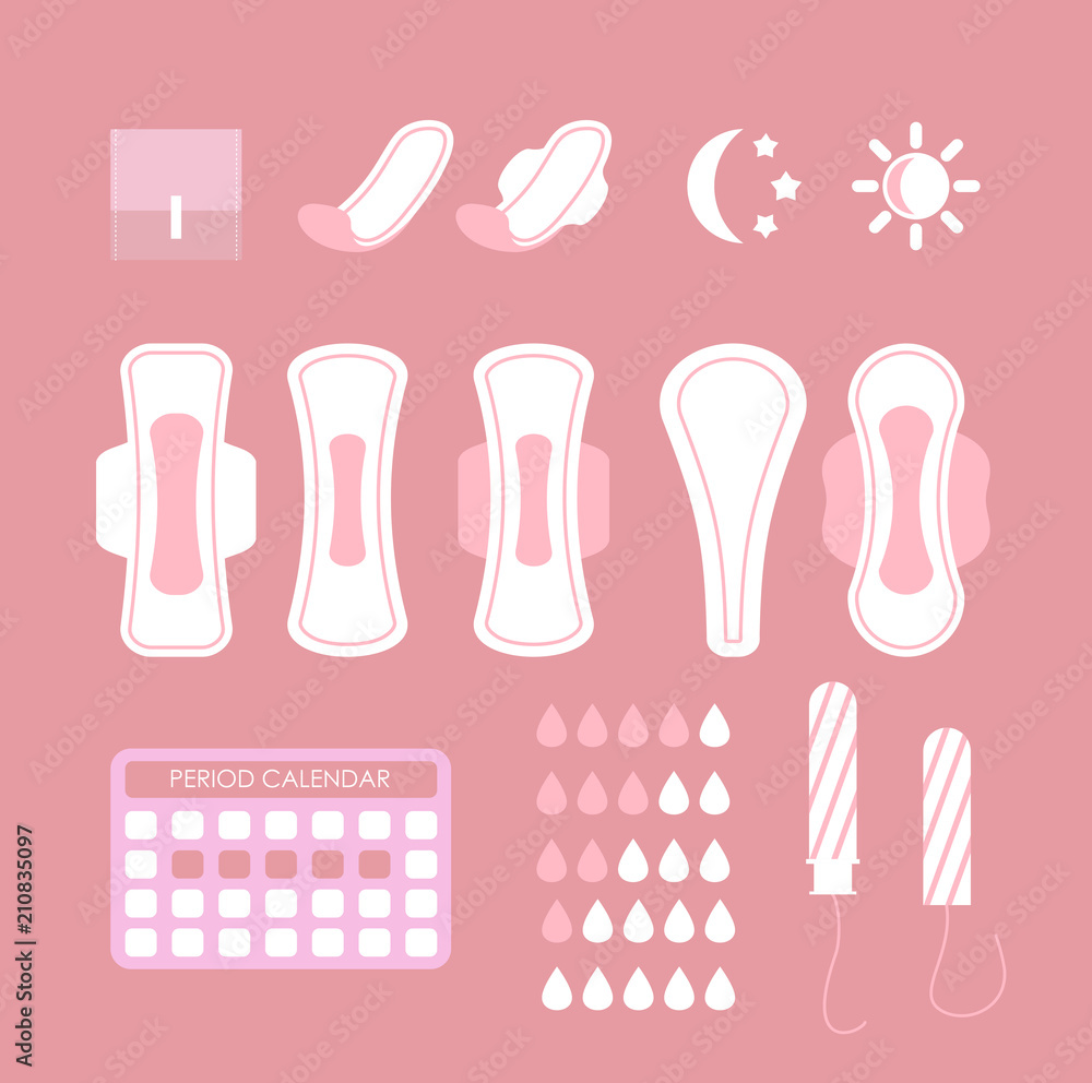 Vector Illustration Of Feminine Hygiene Icons Set Cartoon Flat Design Of Sanitary Pads Tampons 8645