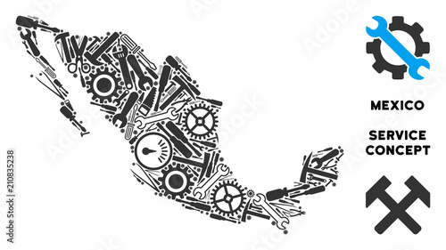 Repair service Mexico map mosaic of instruments. Abstract territorial scheme in gray color. Vector Mexico map is made of gears, spanners and other equipment items. Concept for industrial workshop.