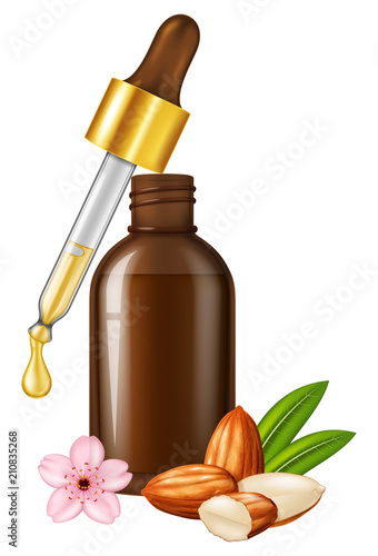 Eye dropper dropping essential almond oil and glass bottle with almond nuts and flower. Vector illustration.
