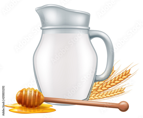 Pitcher of milk with wooden honey dipper and wheat grain. Vector illustration.