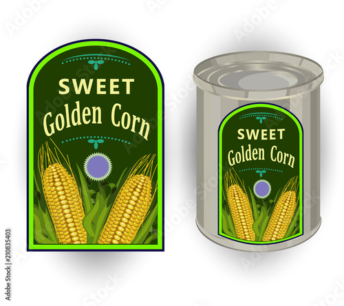 Vector illustration of tin can with a label for canned sweet corn with the image of three realistic corn cobs and calligraphic inscription