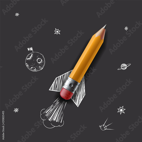 Pencil as a rocket flying in the space. Creative idea and startup