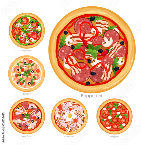 Vector illustration set of pizza with different ingredients. Delicious vegetarian pizza and pizza with meat and mushrooms collection on white background,healthy food concept.