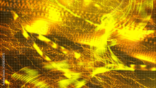 Digital gold color abstract sparkling wave particles flow background